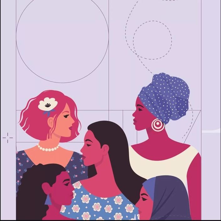 A imagem mostra uma ilustração de cinco mulheres de diferentes estilos e origens culturais, simbolizando diversidade e união feminina. Cada mulher tem características distintas: uma usa um lenço de bolinhas na cabeça, outra tem cabelo curto e rosa com uma flor, e uma terceira veste um hijab azul. Todas elas estão em uma composição harmoniosa, com expressões serenas, representando empoderamento, respeito e celebração da individualidade de cada mulher em um ambiente que valoriza a inclusão e a sororidade.