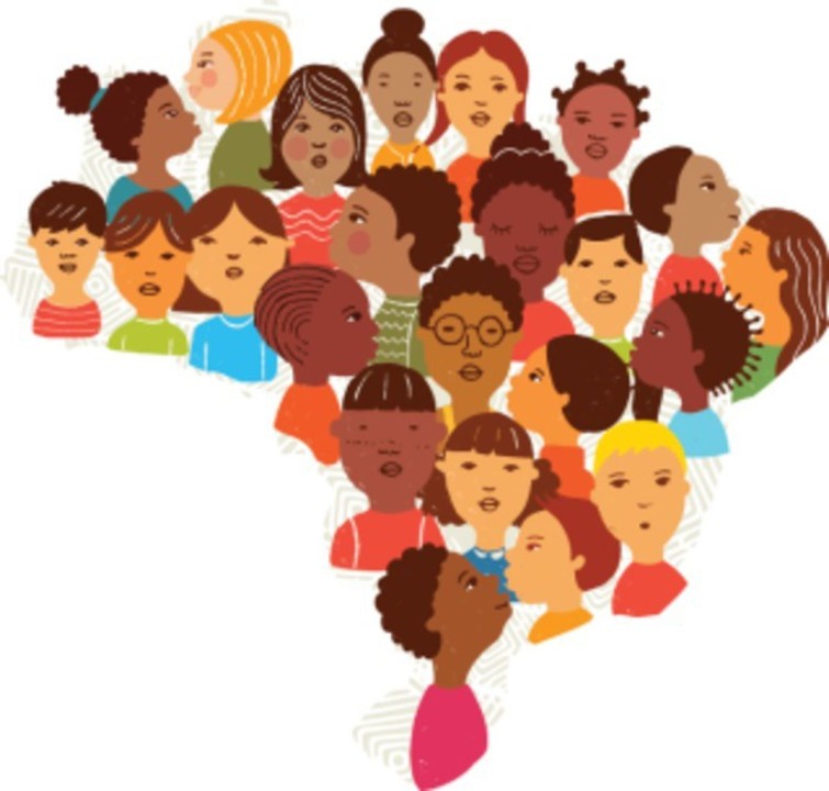 Esta imagem apresenta uma ilustração em formato do mapa do Brasil, composta por diversas faces de pessoas, representando uma variedade de tons de pele, estilos de cabelo e traços faciais. A composição destaca a diversidade e pluralidade do povo brasileiro, simbolizando a riqueza cultural e étnica do país. Cada rosto parece estar olhando para diferentes direções, sugerindo uma conexão e convivência entre diferentes origens e histórias que formam o Brasil.